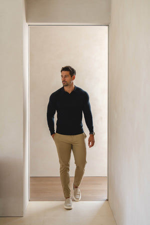 Extra Fine Merino Wool Open Collar Polo Shirt in Navy - TAILORED ATHLETE - USA