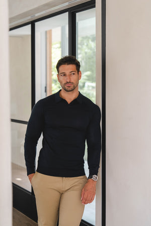Extra Fine Merino Wool Open Collar Polo Shirt in Navy - TAILORED ATHLETE - USA