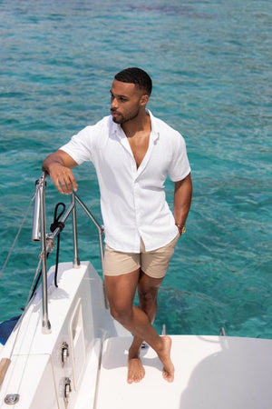 Linen Blend Button Through Shirt in White - TAILORED ATHLETE - USA