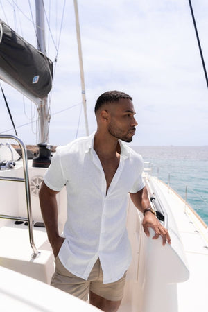 Linen Blend Button Through Shirt in White - TAILORED ATHLETE - USA