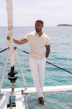 Fine Cable Knitted Polo Shirt in Ecru - TAILORED ATHLETE - USA