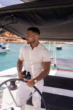 Fine Cable Knitted Polo Shirt in Ecru - TAILORED ATHLETE - USA