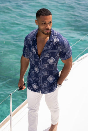 Printed Shirt in Navy/White Paisley Palm - TAILORED ATHLETE - USA