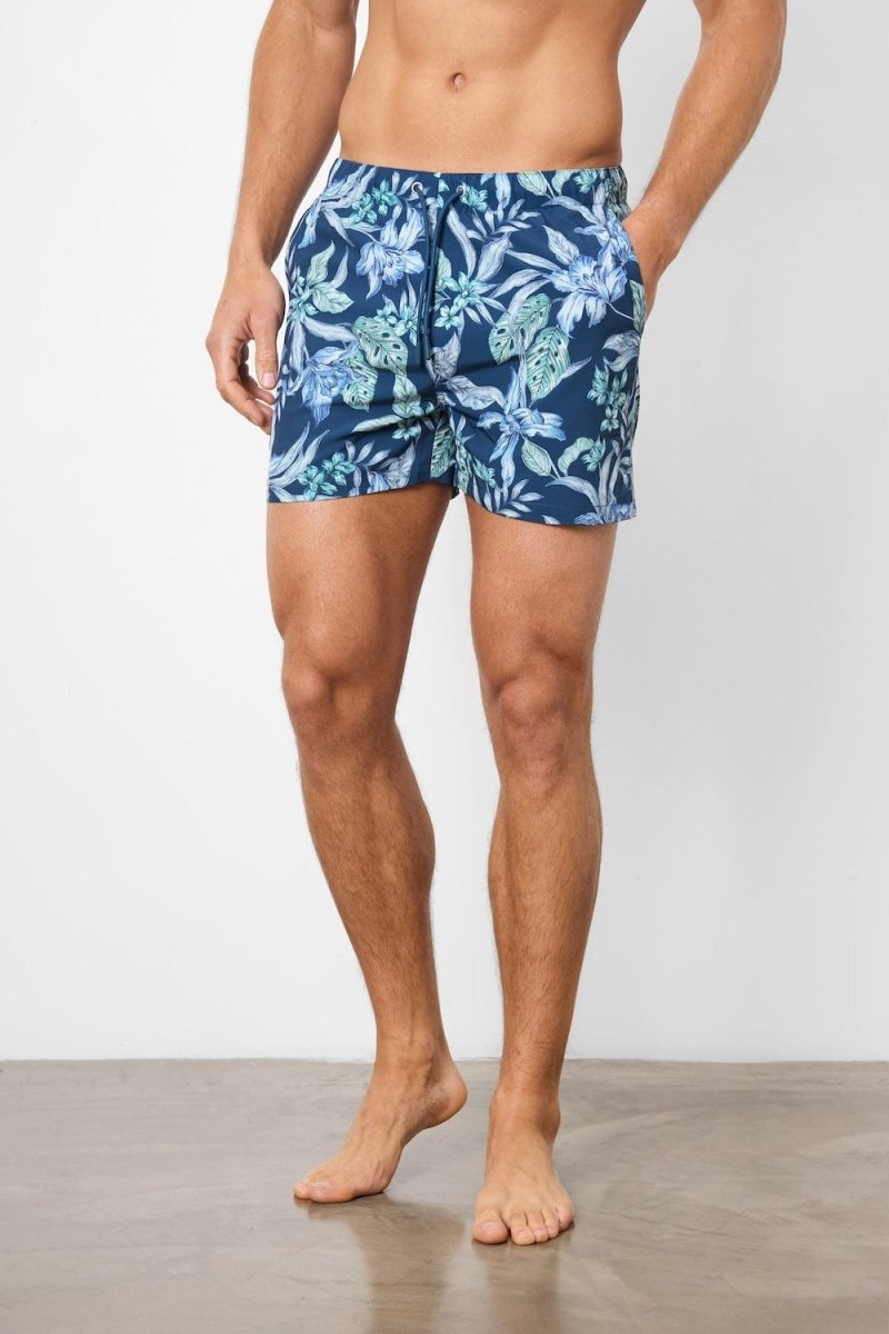 Printed Swim Short In Navy/Aqua Tropical Floral - TAILORED ATHLETE - USA