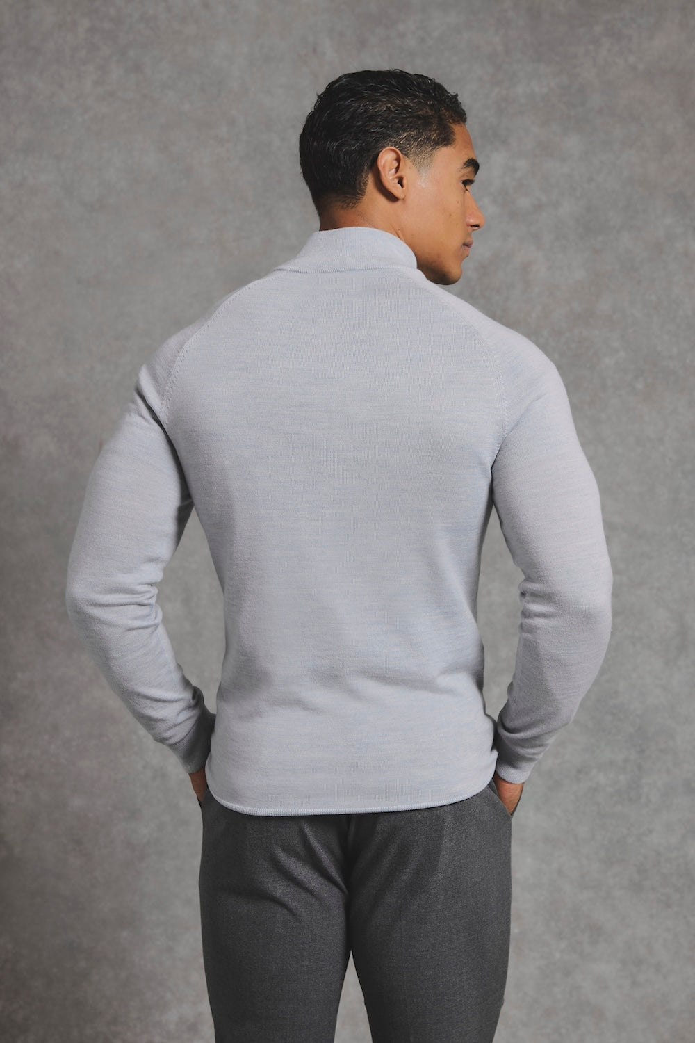 Extra Fine Merino Wool Half Zip Neck Sweater in Dove Grey - TAILORED ATHLETE - USA