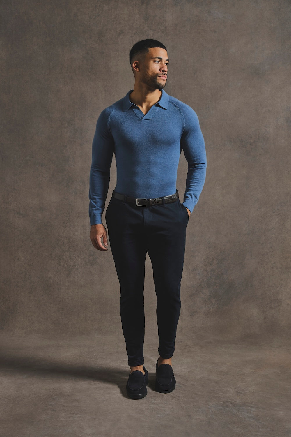 Extra Fine Merino Wool Open Collar Polo Shirt in Airforce Blue - TAILORED ATHLETE - USA