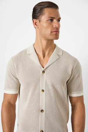 Open Stitch Cuban Collar Knitted Shirt in Stone - TAILORED ATHLETE - USA