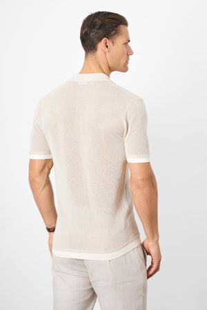 Open Stitch Cuban Collar Knitted Shirt in Stone - TAILORED ATHLETE - USA