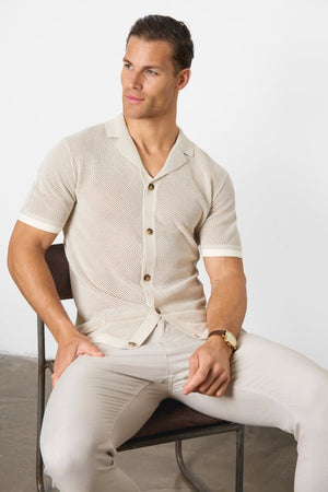 Open Stitch Cuban Collar Knitted Shirt in Stone - TAILORED ATHLETE - USA
