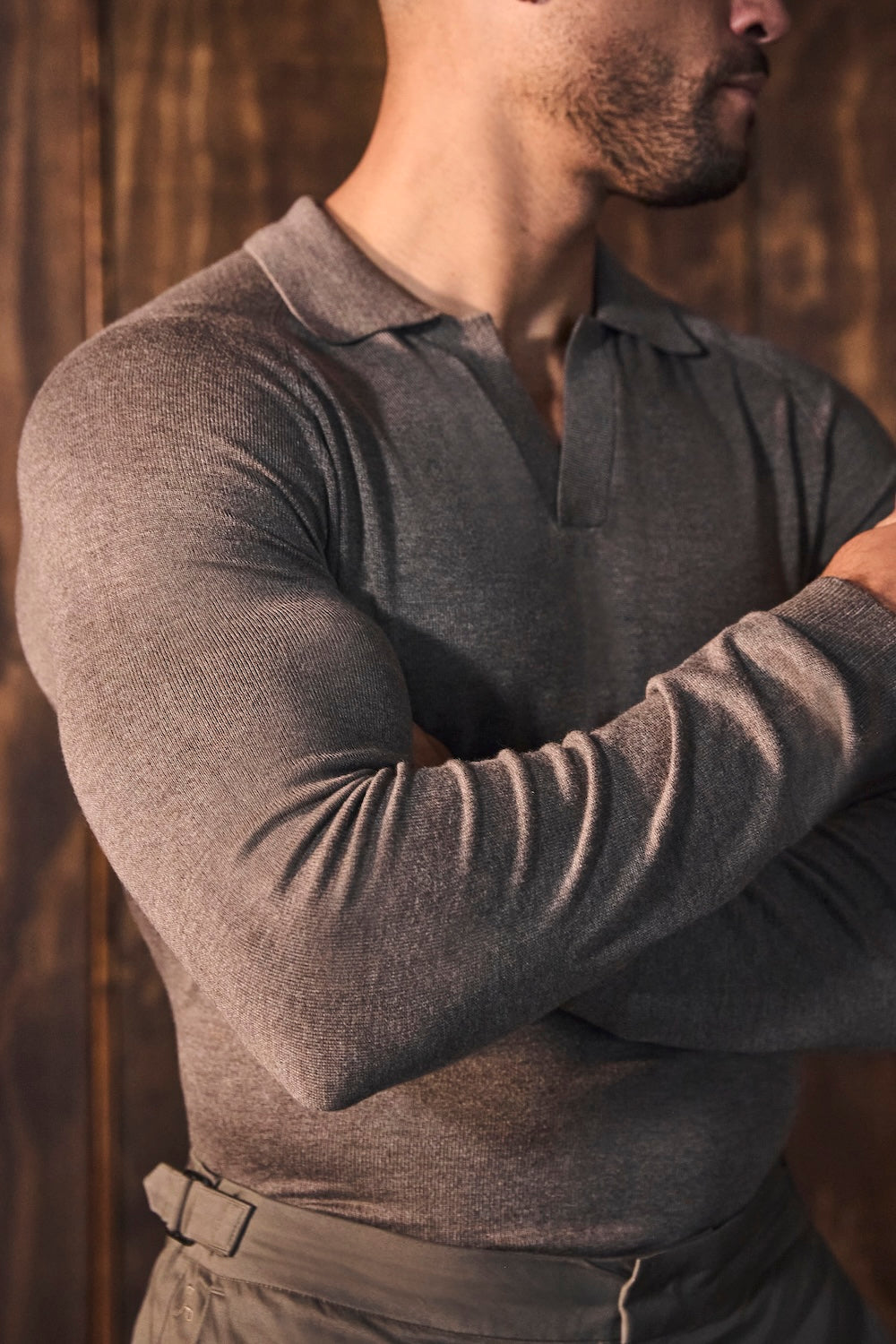 Open Collar Knitted Polo Shirt in Brown Marl - TAILORED ATHLETE - USA