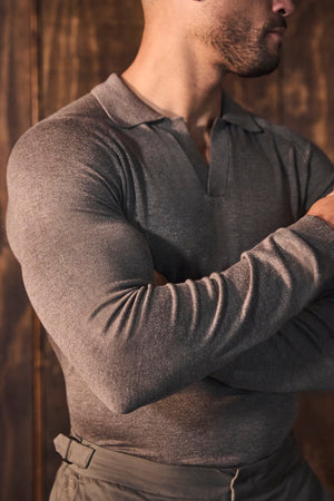 Open Collar Knitted Polo Shirt in Brown Marl - TAILORED ATHLETE - USA