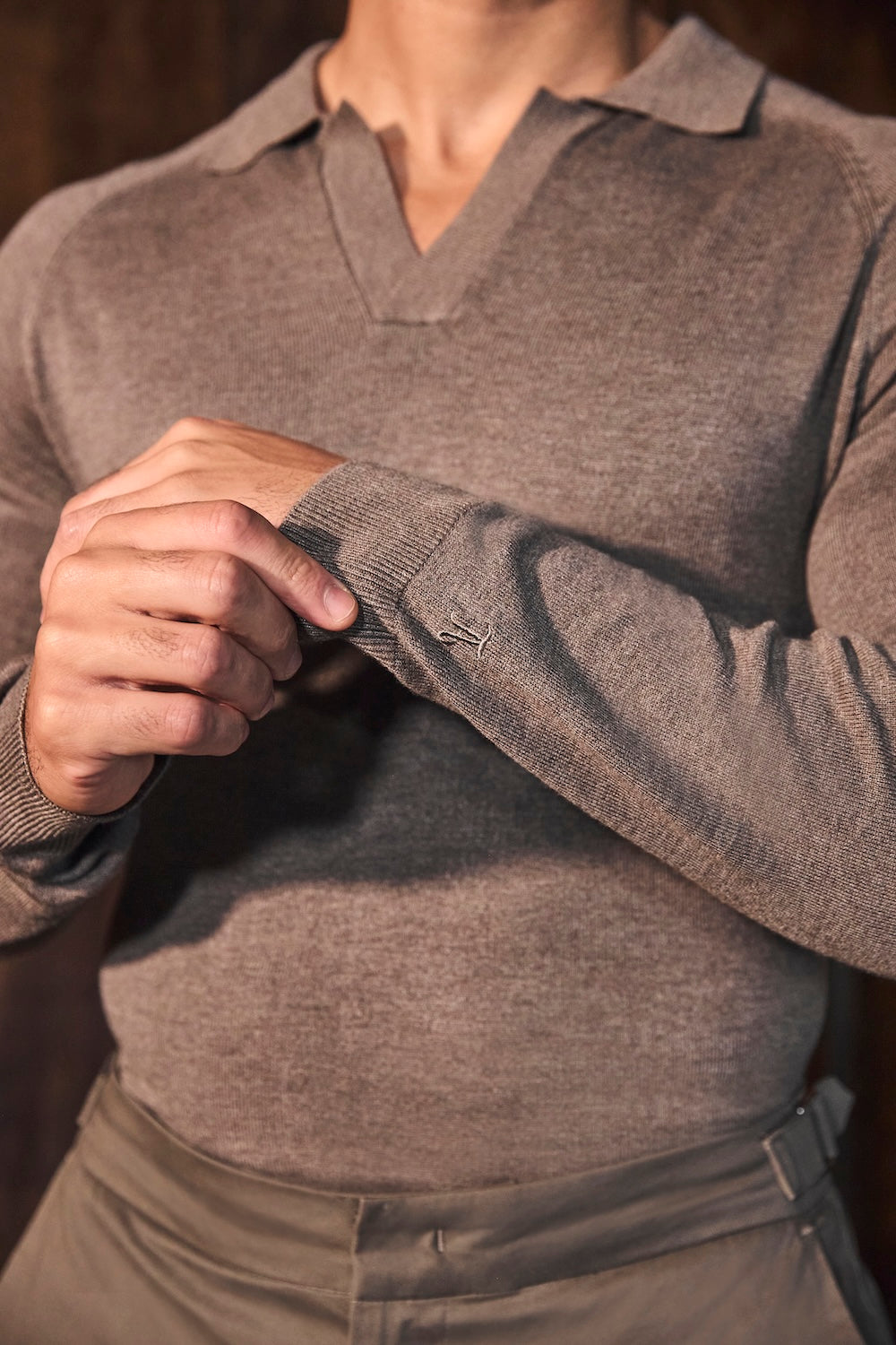 Open Collar Knitted Polo Shirt in Brown Marl - TAILORED ATHLETE - USA