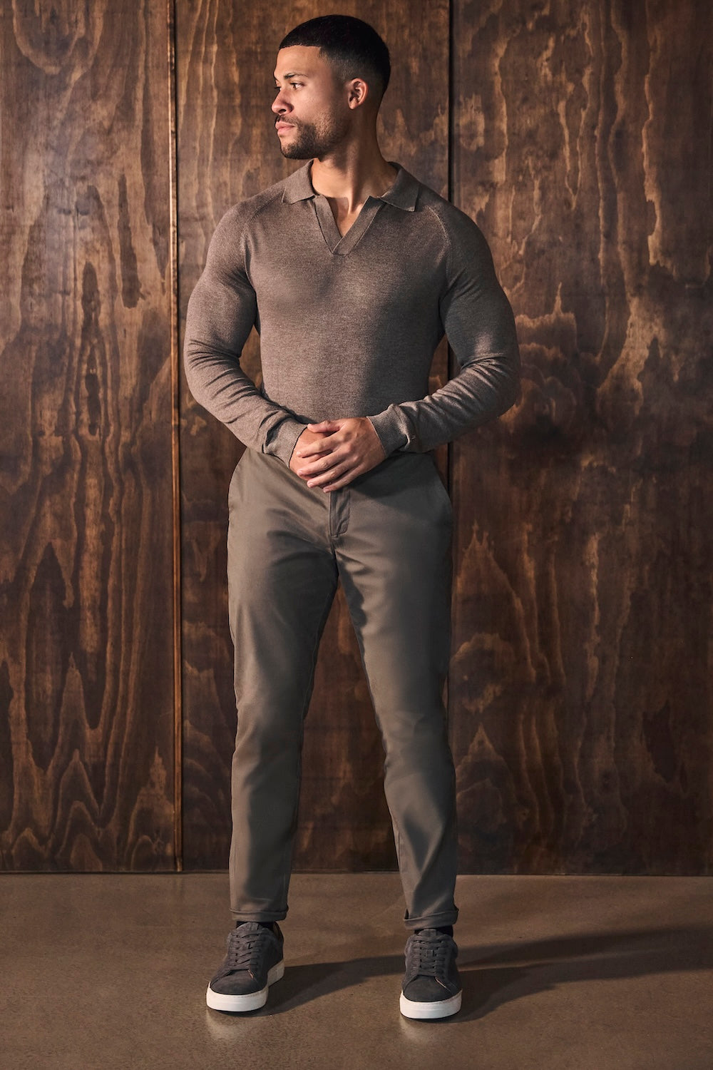 Open Collar Knitted Polo Shirt in Brown Marl - TAILORED ATHLETE - USA