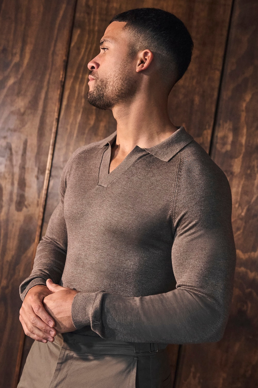Open Collar Knitted Polo Shirt in Brown Marl - TAILORED ATHLETE - USA