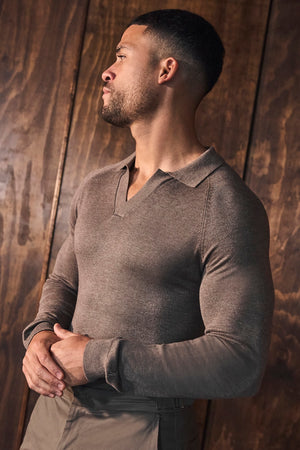 Open Collar Knitted Polo Shirt in Brown Marl - TAILORED ATHLETE - USA