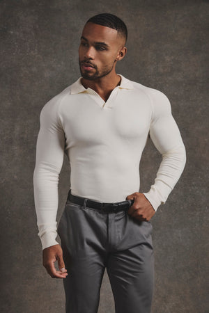 Open Collar Knitted Polo Shirt in Winter White - TAILORED ATHLETE - USA