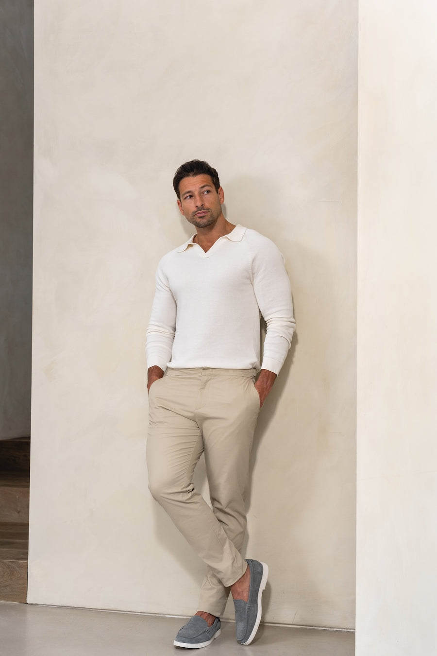 Pure Cotton Knitted Open Collar Polo Shirt in Winter White - TAILORED ATHLETE - USA