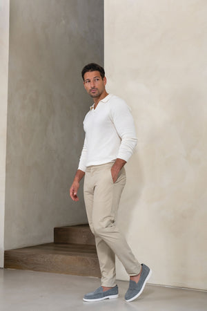 Pure Cotton Knitted Open Collar Polo Shirt in Winter White - TAILORED ATHLETE - USA