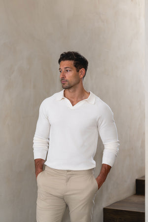 Pure Cotton Knitted Open Collar Polo Shirt in Winter White - TAILORED ATHLETE - USA