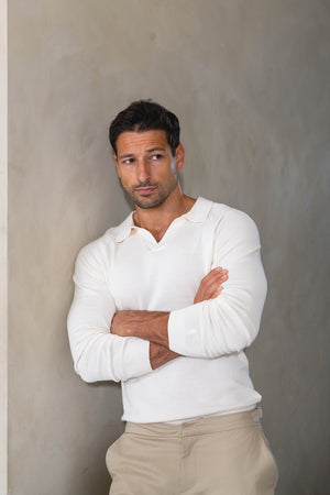 Pure Cotton Knitted Open Collar Polo Shirt in Winter White - TAILORED ATHLETE - USA