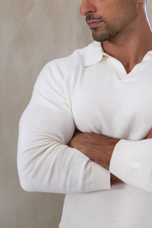 Pure Cotton Knitted Open Collar Polo Shirt in Winter White - TAILORED ATHLETE - USA