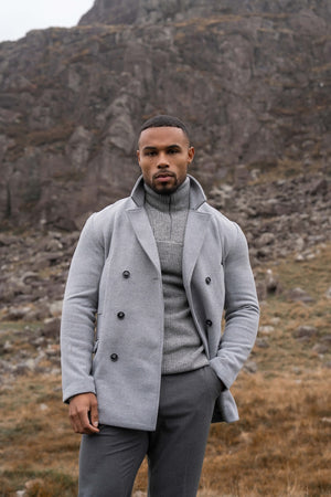 Double Breasted Herringbone Peacoat in Soft Grey - TAILORED ATHLETE - USA
