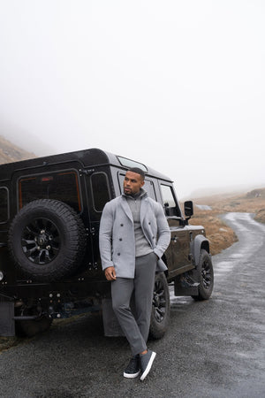 Double Breasted Herringbone Peacoat in Soft Grey - TAILORED ATHLETE - USA