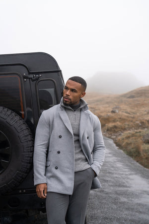 Double Breasted Herringbone Peacoat in Soft Grey - TAILORED ATHLETE - USA