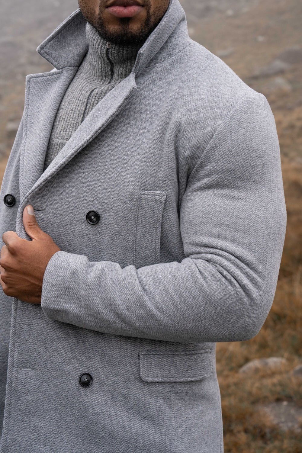 Double Breasted Herringbone Peacoat in Soft Grey - TAILORED ATHLETE - USA