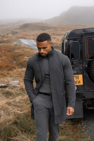 Herringbone Funnel Neck Overcoat in Charcoal - TAILORED ATHLETE - USA
