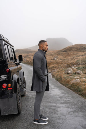 Herringbone Funnel Neck Overcoat in Charcoal - TAILORED ATHLETE - USA