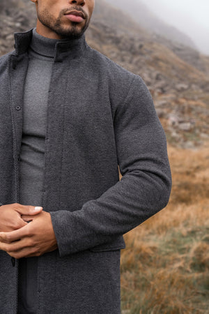 Herringbone Funnel Neck Overcoat in Charcoal - TAILORED ATHLETE - USA