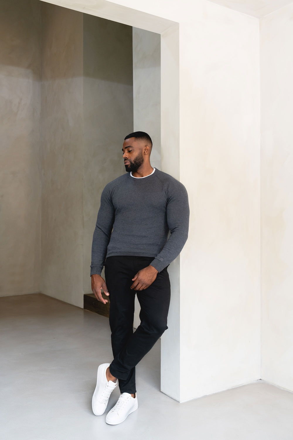 Pure Cotton Knitted Crew Neck Sweater in Dark Charcoal Marl - TAILORED ATHLETE - USA