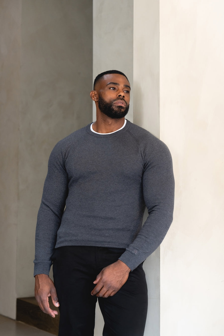 Pure Cotton Knitted Crew Neck Sweater in Dark Charcoal Marl - TAILORED ATHLETE - USA