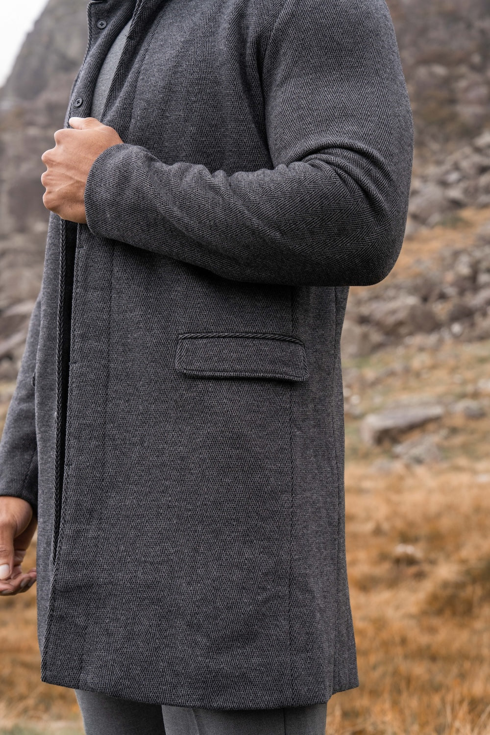 Herringbone Funnel Neck Overcoat in Charcoal - TAILORED ATHLETE - USA