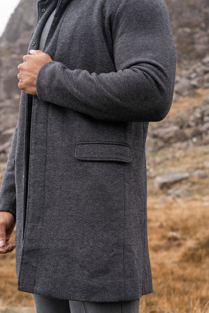 Herringbone Funnel Neck Overcoat in Charcoal - TAILORED ATHLETE - USA