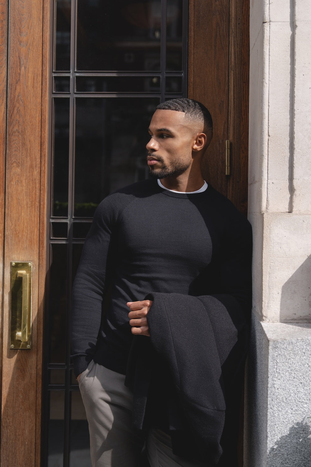 Pure Cotton Knitted Crew Neck Sweater in Black - TAILORED ATHLETE - USA