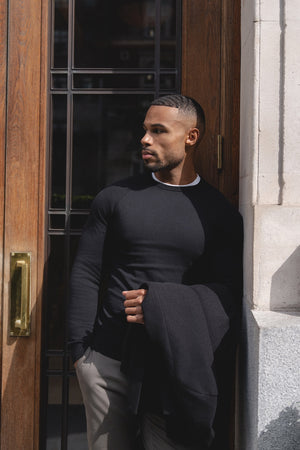 Pure Cotton Knitted Crew Neck Sweater in Black - TAILORED ATHLETE - USA