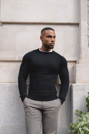 Pure Cotton Knitted Crew Neck Sweater in Black - TAILORED ATHLETE - USA