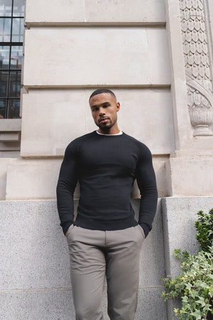 Pure Cotton Knitted Crew Neck Sweater in Black - TAILORED ATHLETE - USA