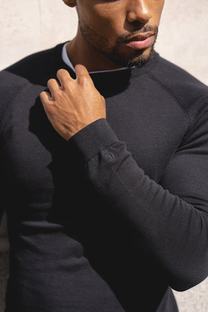 Pure Cotton Knitted Crew Neck Sweater in Black - TAILORED ATHLETE - USA