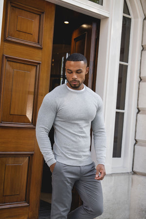 Pure Cotton Knitted Crew Neck Sweater in Silver Grey Marl - TAILORED ATHLETE - USA