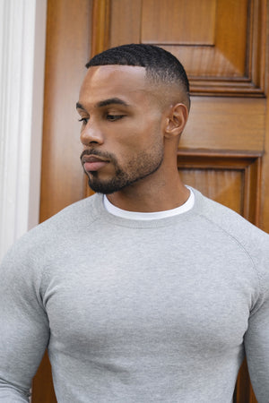 Pure Cotton Knitted Crew Neck Sweater in Silver Grey Marl - TAILORED ATHLETE - USA