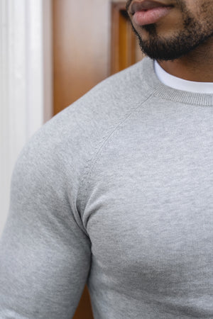 Pure Cotton Knitted Crew Neck Sweater in Silver Grey Marl - TAILORED ATHLETE - USA
