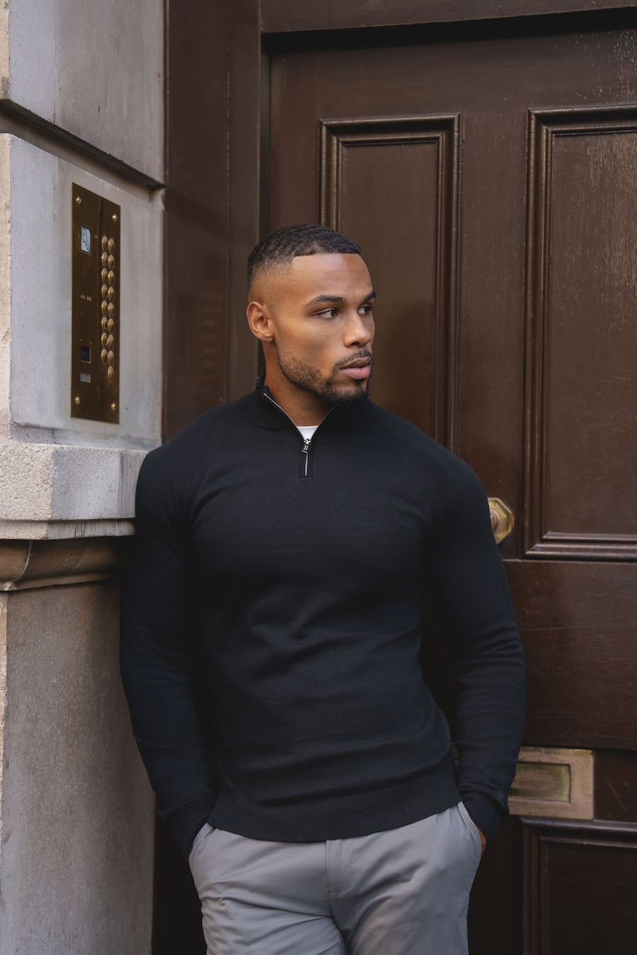 Pure Cotton Knitted Half Zip Neck Sweater in Black - TAILORED ATHLETE - USA