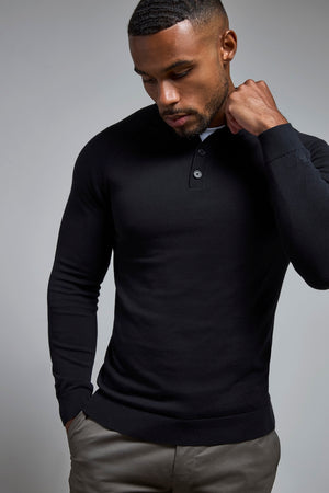 Pure Cotton Knitted Button Neck Sweater in Black - TAILORED ATHLETE - USA