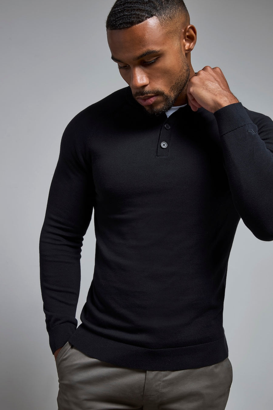 Pure Cotton Knitted Button Neck Sweater in Black - TAILORED ATHLETE - USA
