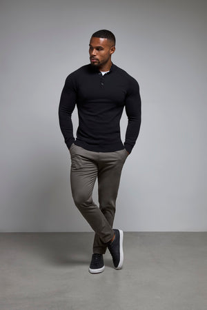 Pure Cotton Knitted Button Neck Sweater in Black - TAILORED ATHLETE - USA