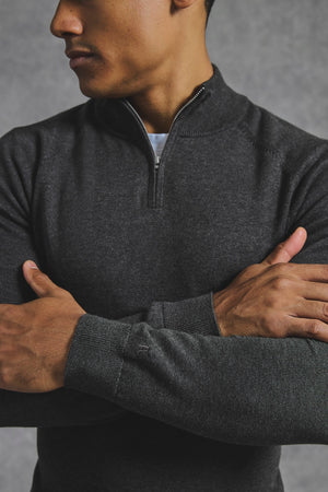 Pure Cotton Knitted Half Zip Neck Sweater in Brown Marl - TAILORED ATHLETE - USA