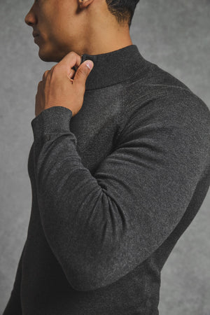 Pure Cotton Knitted Half Zip Neck Sweater in Brown Marl - TAILORED ATHLETE - USA